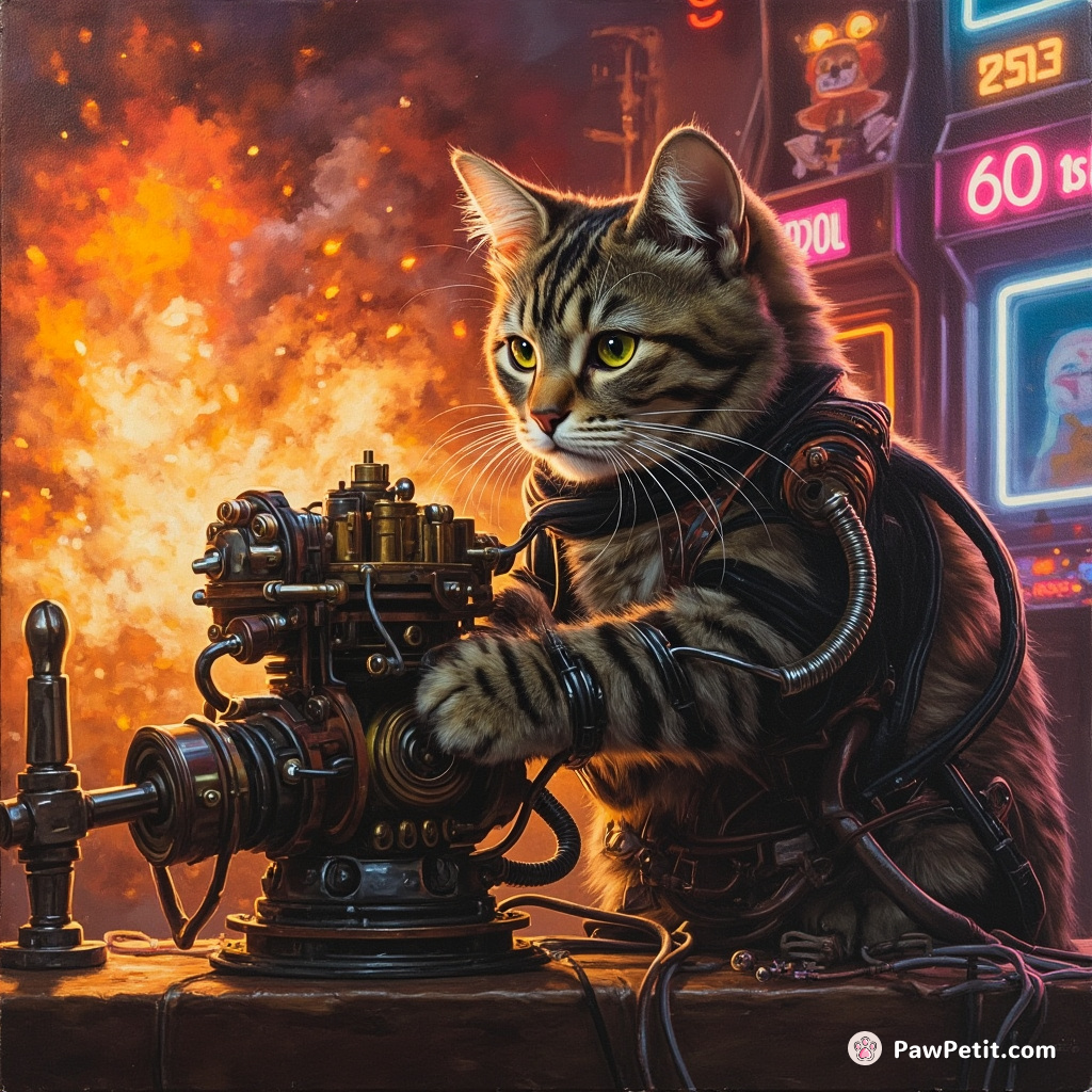 Cybernetic cat fixing a steampunk engine mid-explosion in a neon-drenched nineties arcade.