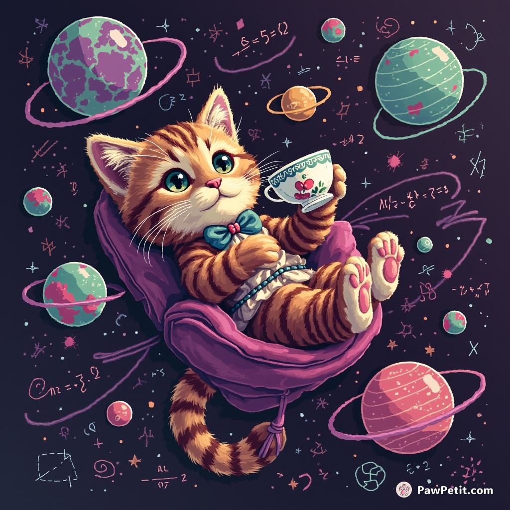 A Victorian cat enjoying a teacup in zero gravity while solving quantum equations.