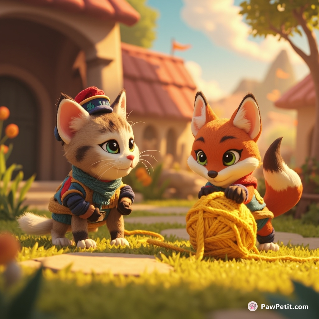 In the Kingdom of Purrville, a common tabby cat skillfully outwitted a sly fox to retrieve a stolen golden yarn ball.