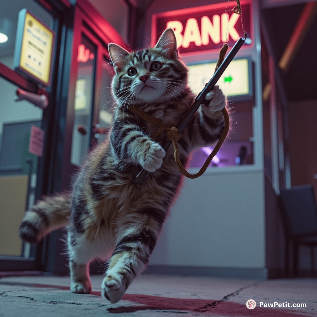 Cat attempts to rob a bank with a paw-sized slingshot, misses and gets tangled in its own tail mid-escape.