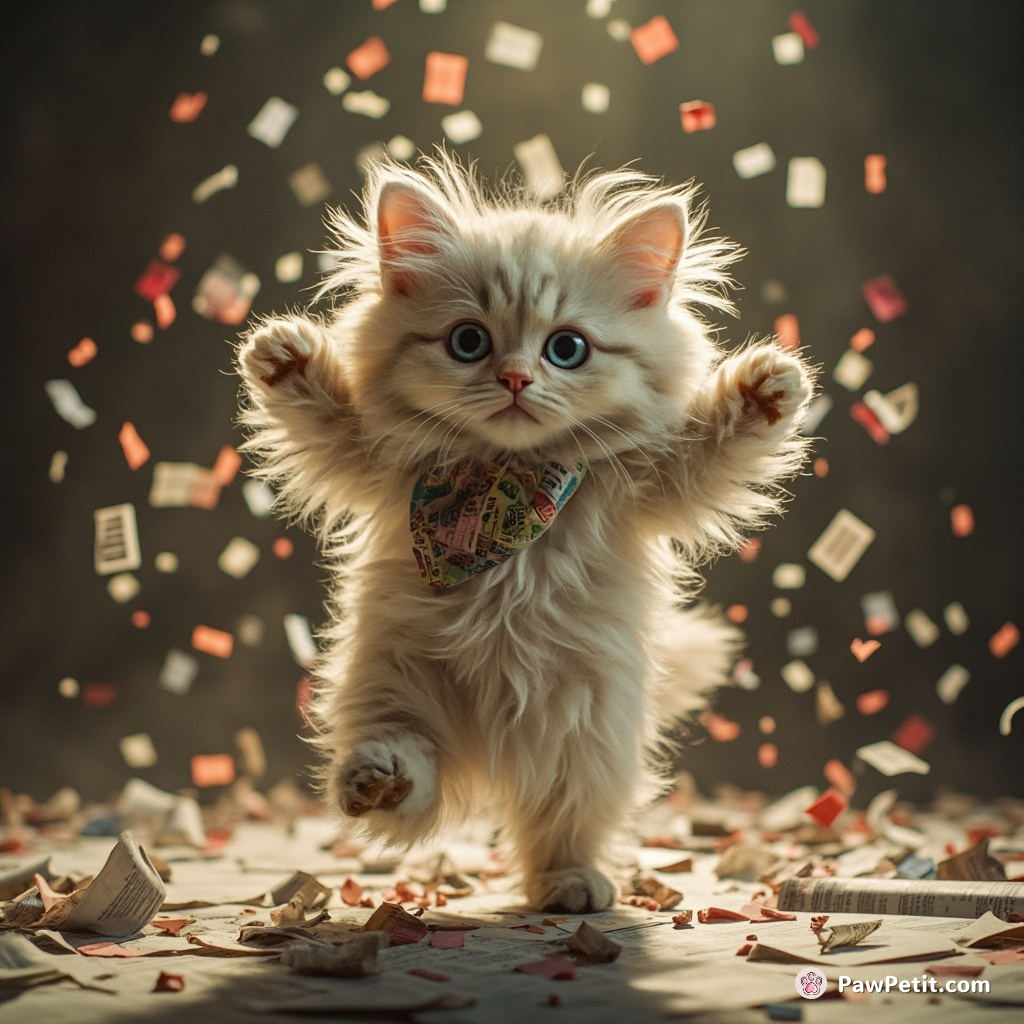 Believing newspapers a human existential essence, Fluffy furiously shredded the day's headlines, prancing on confetti shards in frenzied enlightenment.
