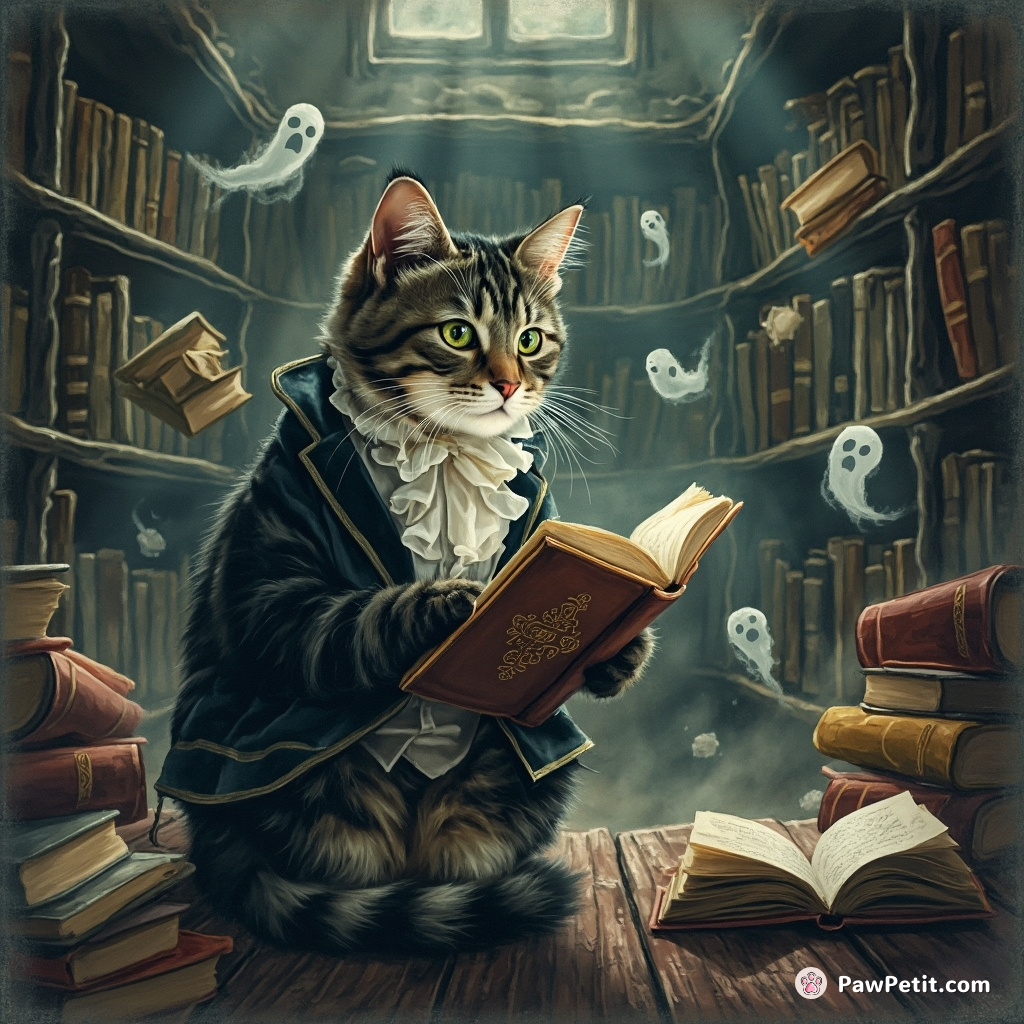 A Victorian gothic cat reading a ghost story in an ancient, creaky library with levitating books.