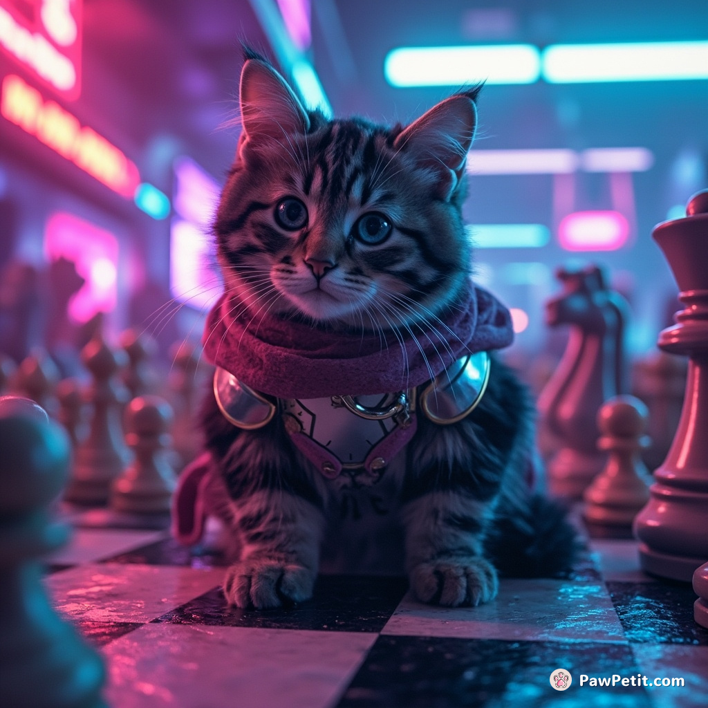 In an absurd world, a simple cat's purr mistakenly inaugurates him as conquering knight in the enchanted chess tournament.