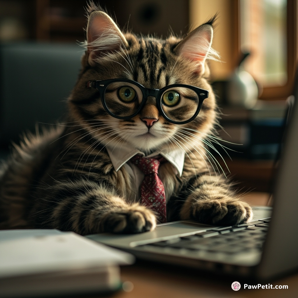 A cat, donned in spectacles and a tie, diligently types on a laptop, barking orders at the pet-owner secretary.