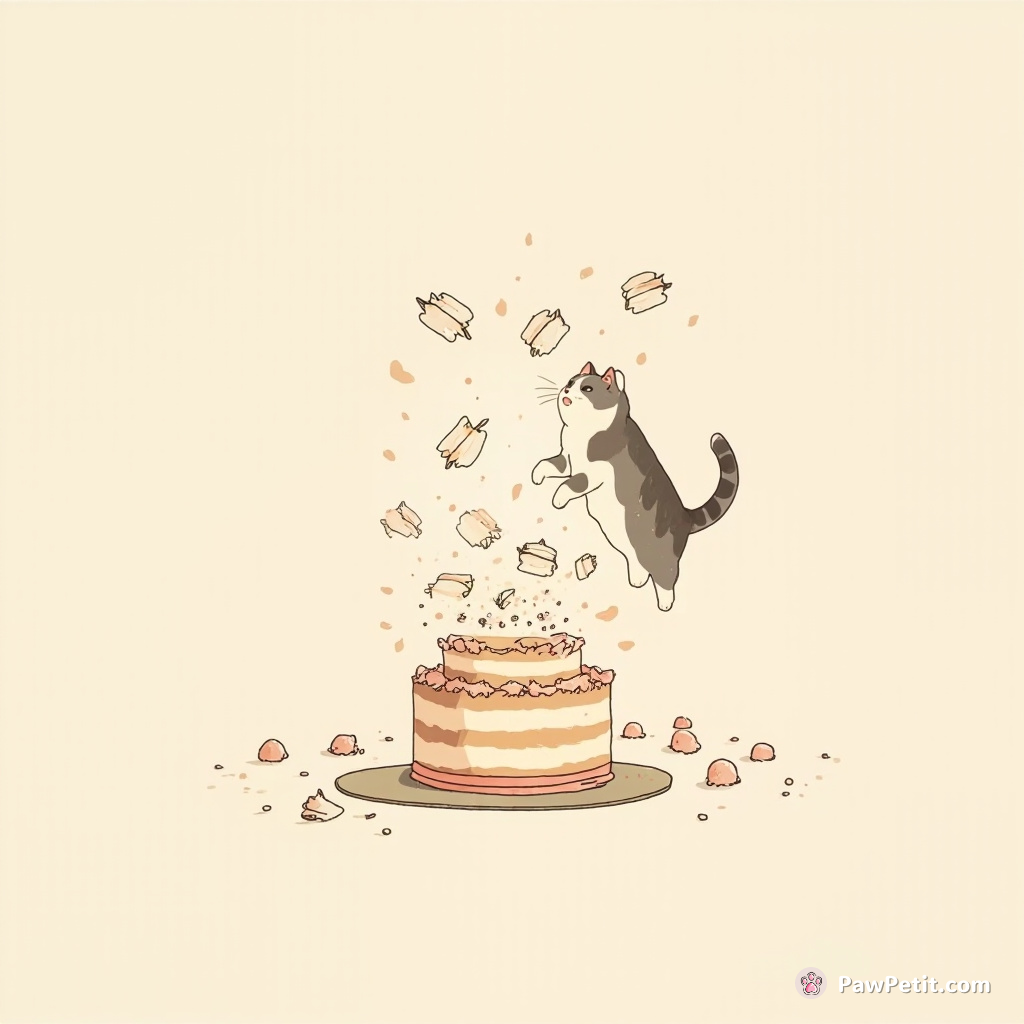 Cat leaps onto cake, scattering guests and frosting in a whirlwind of fluffy chaos.