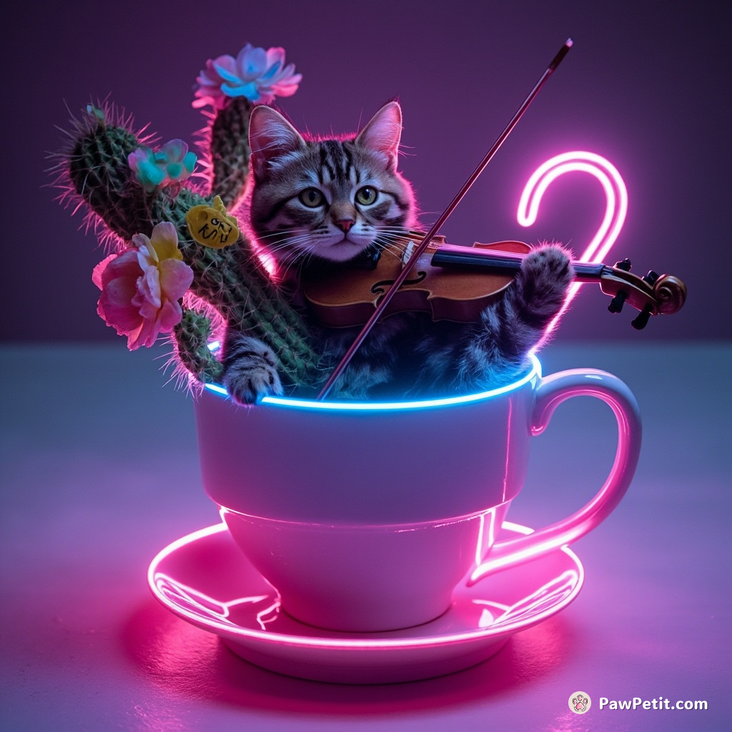 A cat using a cactus as a violin in the middle of a colossal teacup.
