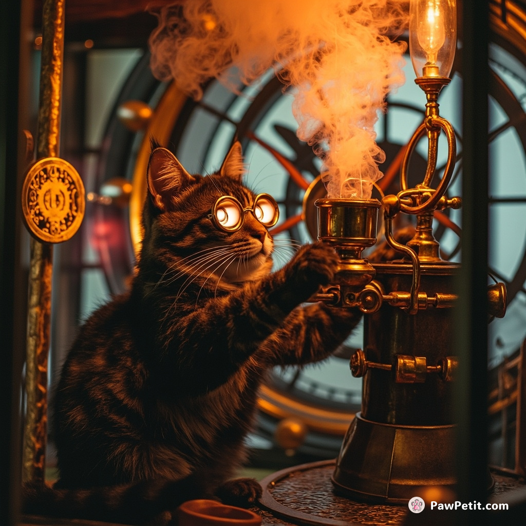 Steampunk-inspired cat judiciously operate a fanciful brass espresso machine, exuding mystical orange steam with pupils shaped like gears, within the confines of in a clock tower.
