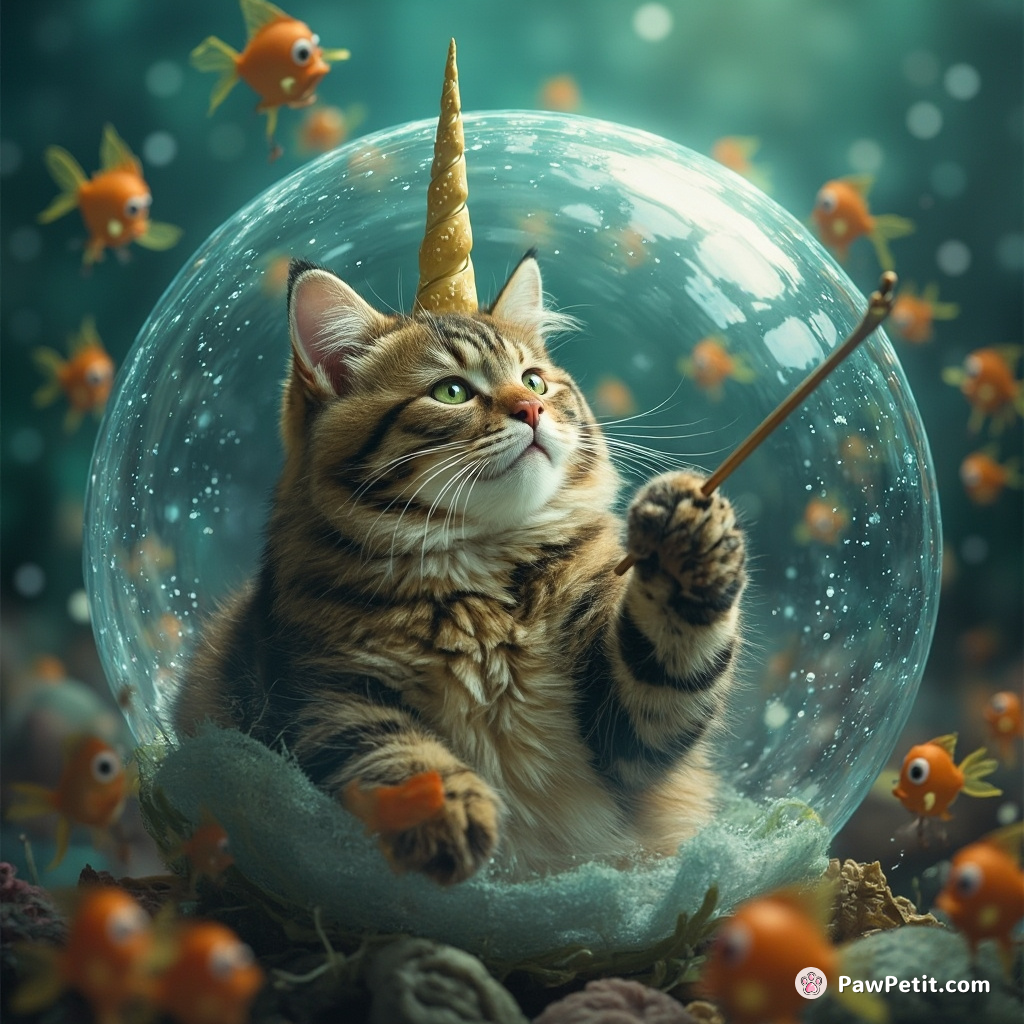 A fat tabby cat conducting a symphony orchestra of animated fish with a unicorn horn baton in an underwater bubble.