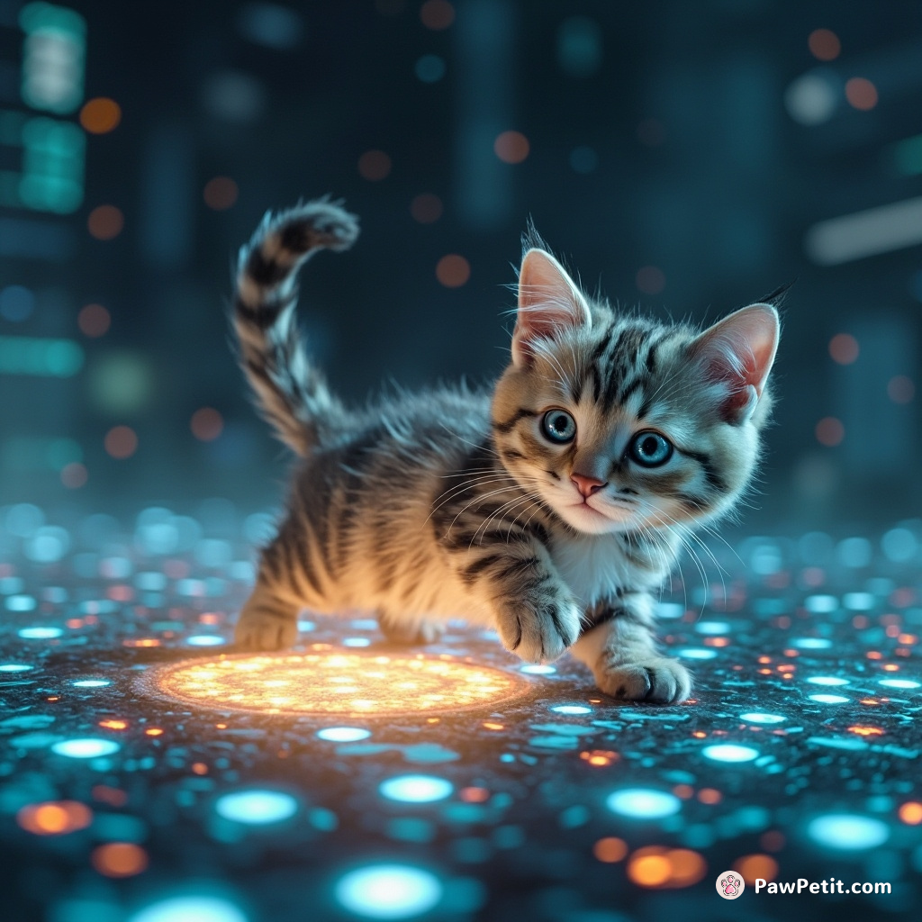 In a digital realm, a cat manipulates reality by pouncing on glowing data packets, reshaping the virtual world.