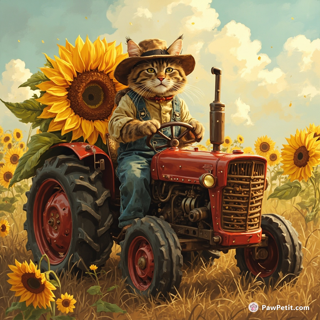 Agrarian steampunk cat operating a massive sunflower-powered tractor in overalls statched with sunflower seeds.