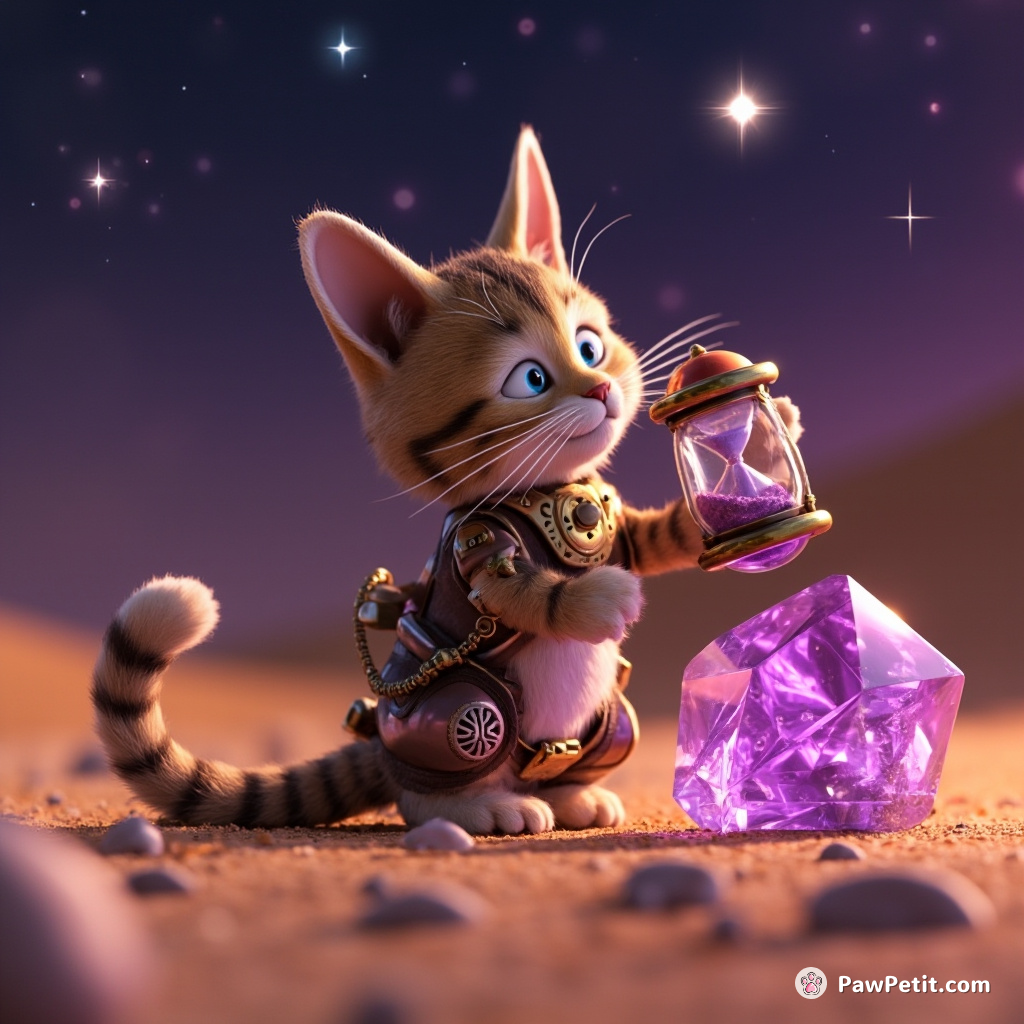 A steam-powered mechanical cat carrying an antique hourglass, stargazing on a shimmering amethyst crystal in the middle of the Martian desert.