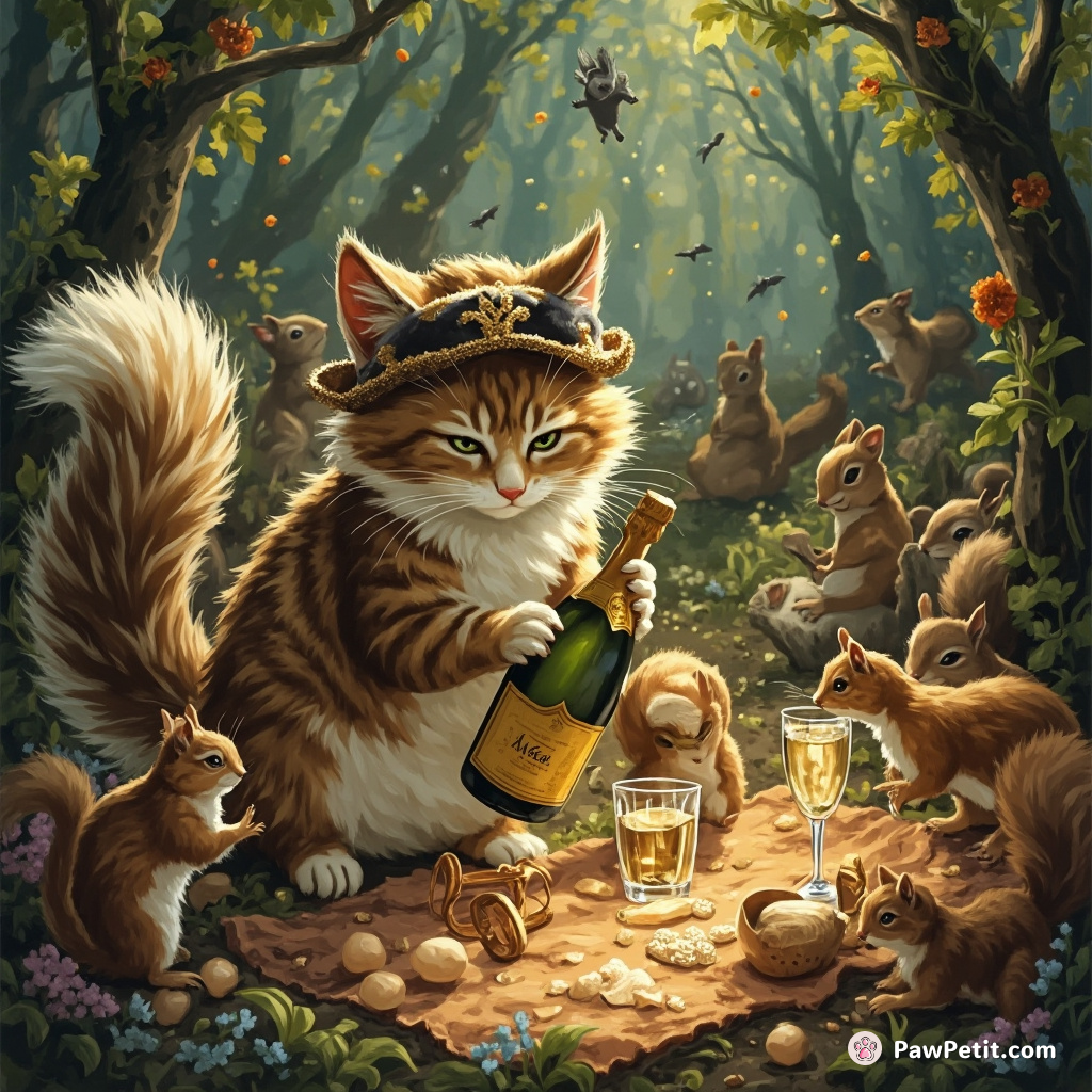 Miow picnic amidst pandemonium, she lifted her paw, discretely popping the champagne cork towards squabbling squirrels.