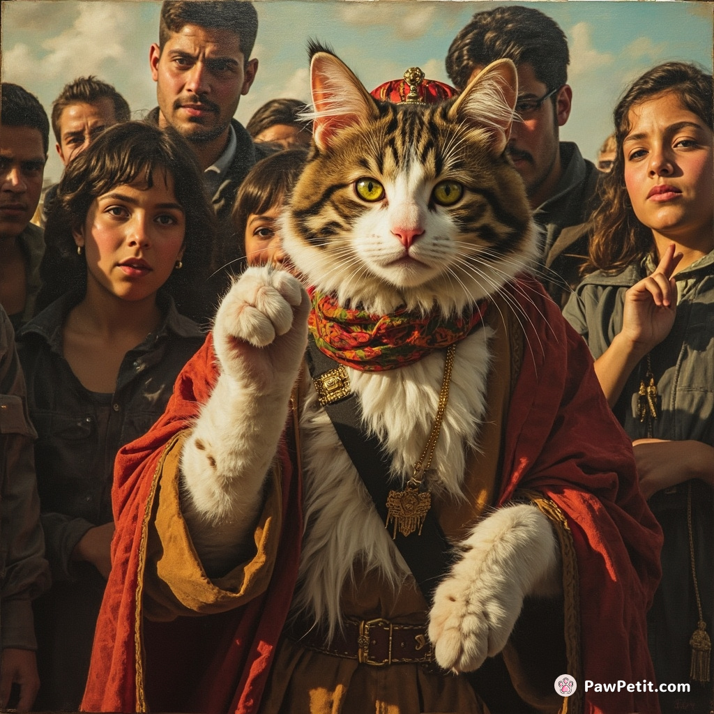 In a future catocracy, the main Cat ruling makes daily tours, dignifiedly nodding her head to human subjects in rueful acceptance.