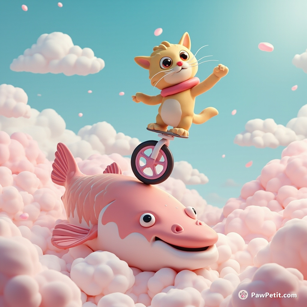 A cat performing a acrobatic trick on a unicycle atop an enormous fish, submerged in cotton candy clouds.