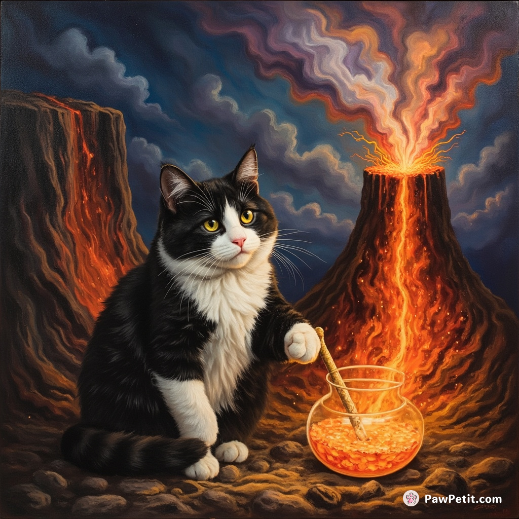A giant tuxedo cat stirring a luminous potion with a unicorn horn inside an active volcano.