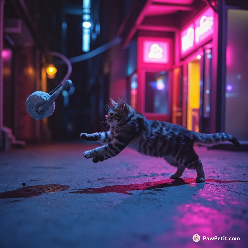 Curious cat leaps at a shadow, mistaking it for a human-sized prey.