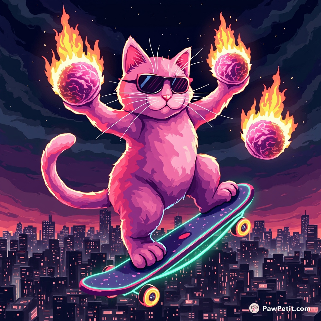 A neon pink cat juggling flaming cabbages on a flying skateboard over Manhattan skyline.
