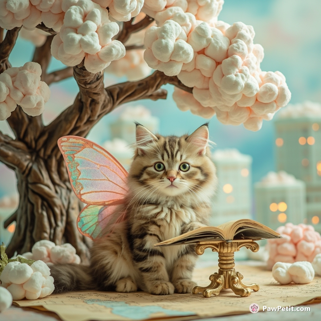 Cat with butterfly wings reading old maritime charts under a Marshmallow tree in a pearl city.