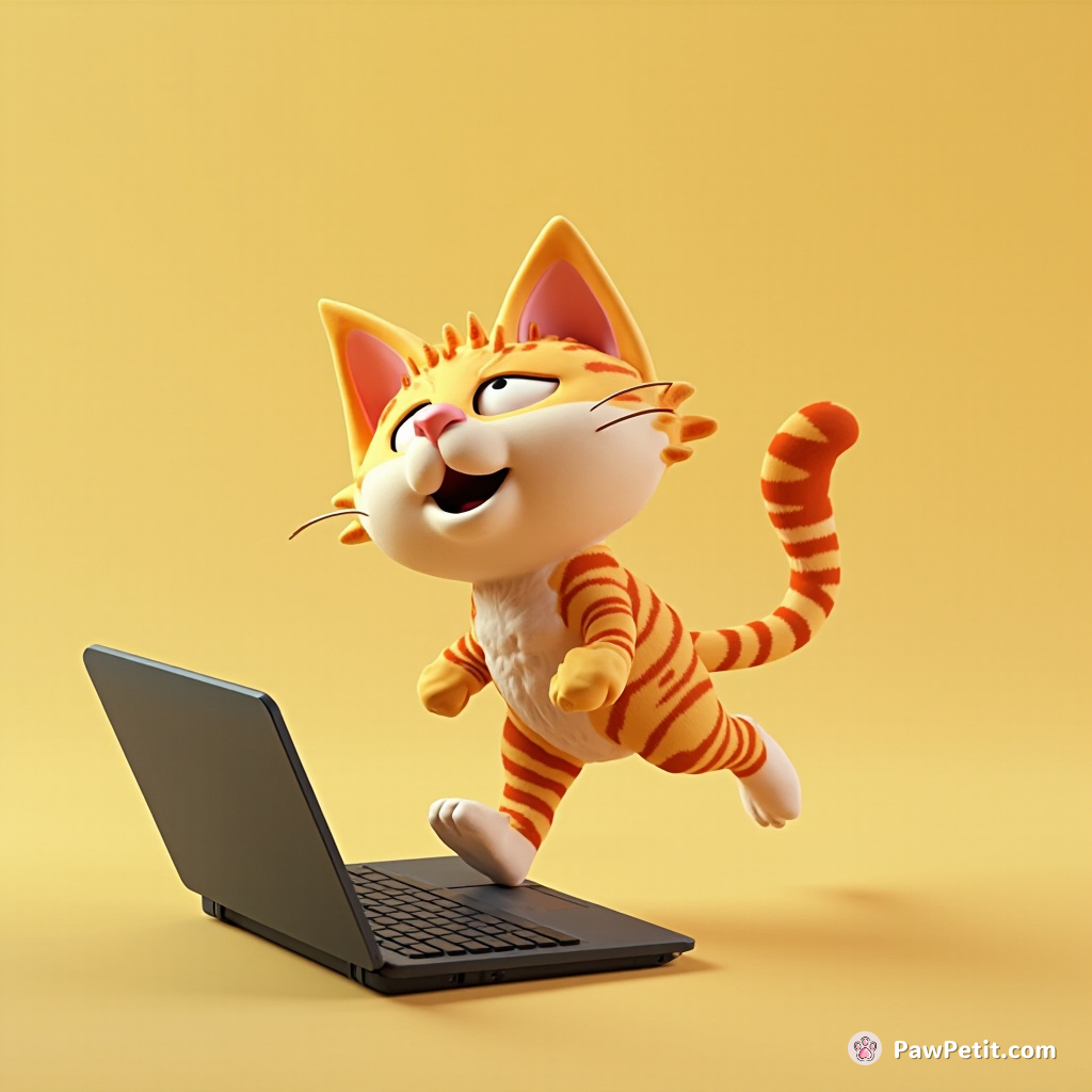 Cat confidently struts across laptop keyboard, thoroughly convinced that humans use computers only for ultimate cat massage purpose.