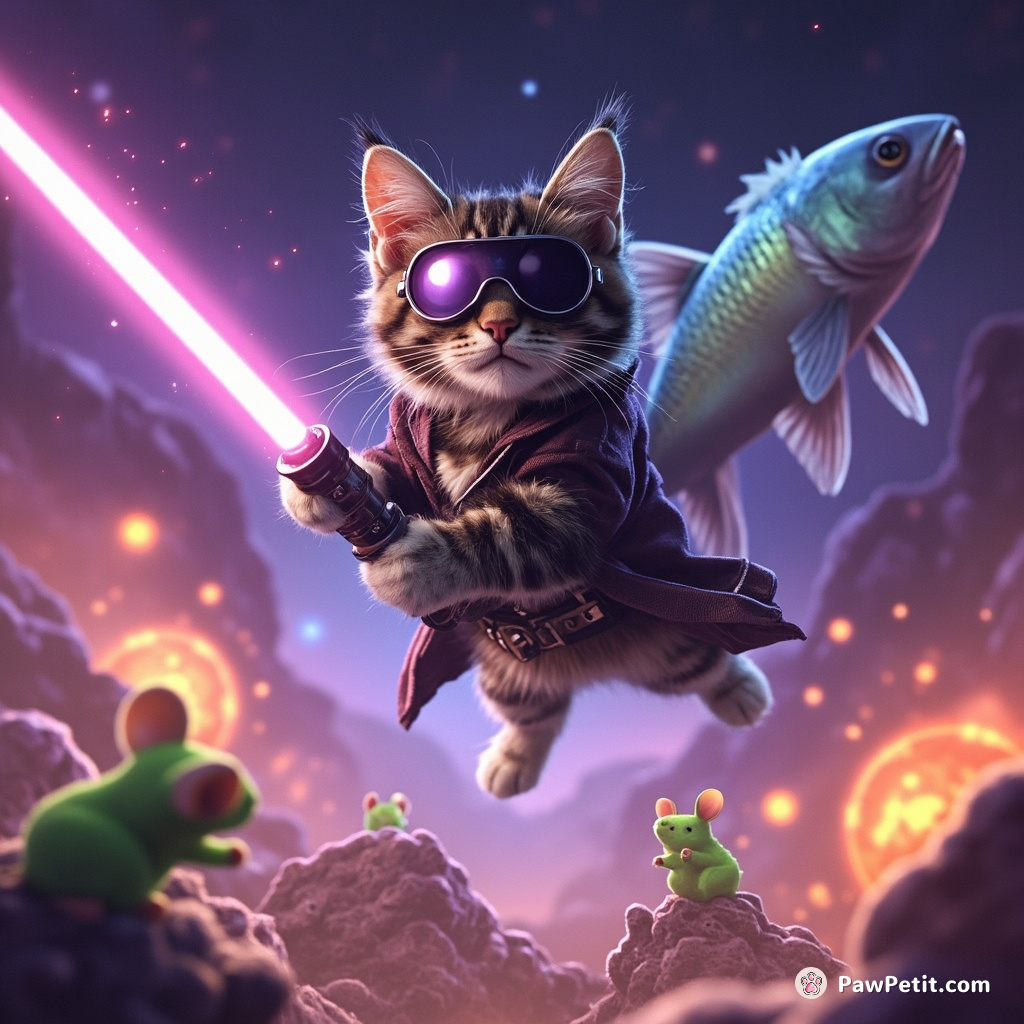 A flying space pirate cat swinging light saber fish at neon-green alien mice on fiery floating debris in a lavender galaxy.