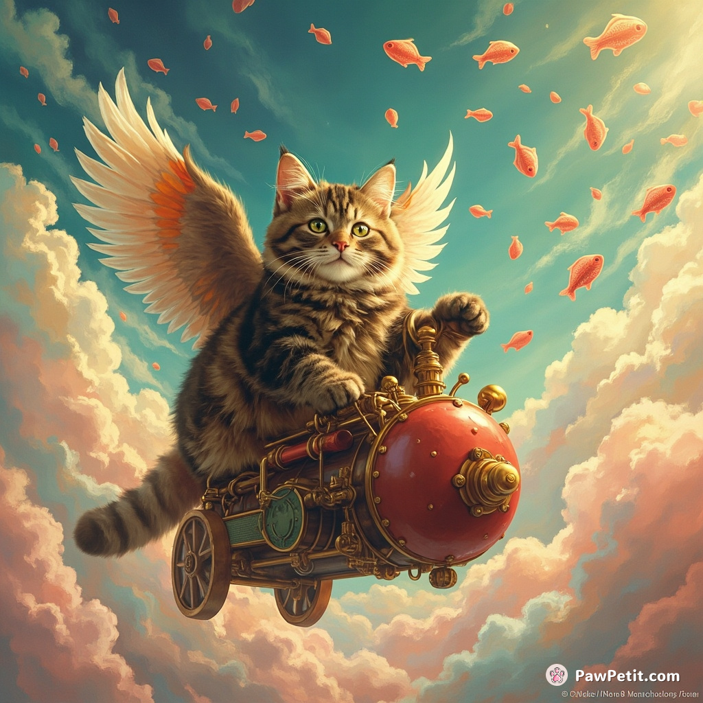 A corpulent cat with feathered wings flying a technicolor steam-engine among candy-cotton clouds while juggling fish-shaped meteors.