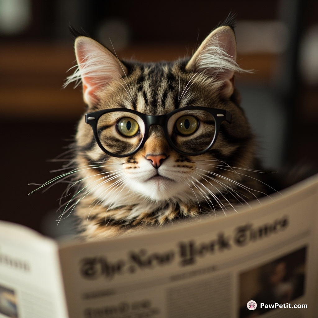 Cat finds glasses, tries to read New York Times. Appears puzzled, accidentally flips pages with exuberant tail flicks.