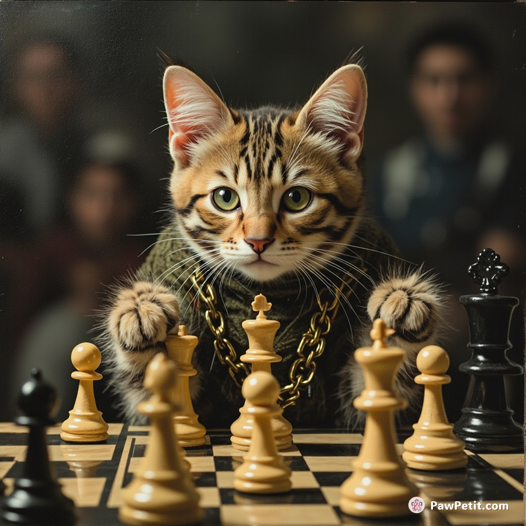 In a futuristic chess tournament, an alley cat randomly moves pieces, accidentally becoming world champion.