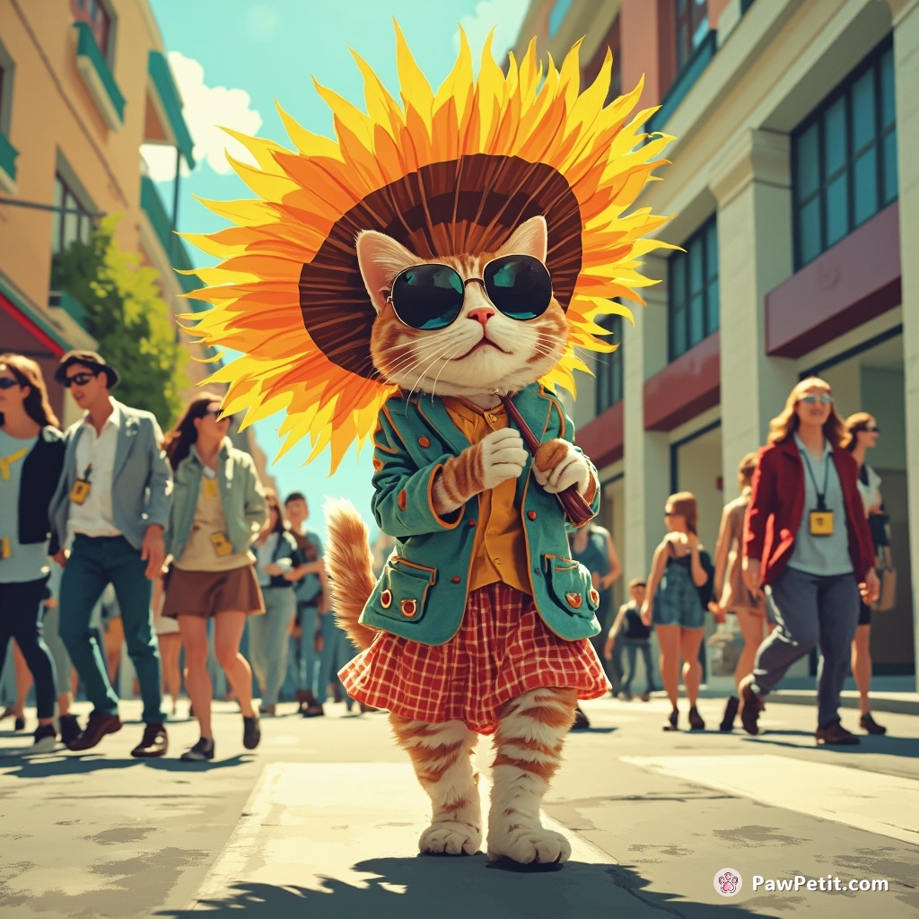 Parading with a sunflower parasol, a feline fashionista imitated people passing by, causing uproarious laughter.

Main Cat Action: Imitating humans.