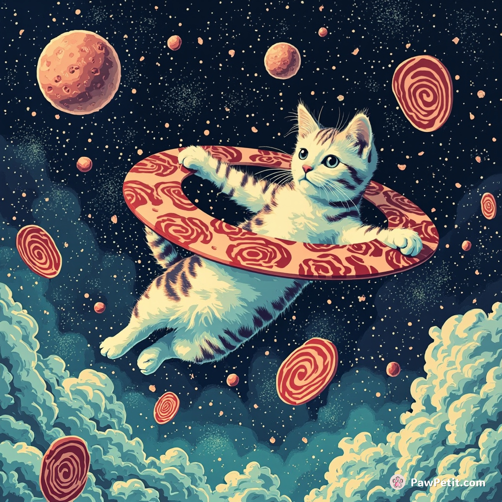 Cat floating through a space made entirely of blue cheese, using slices of salami as frisbees.
