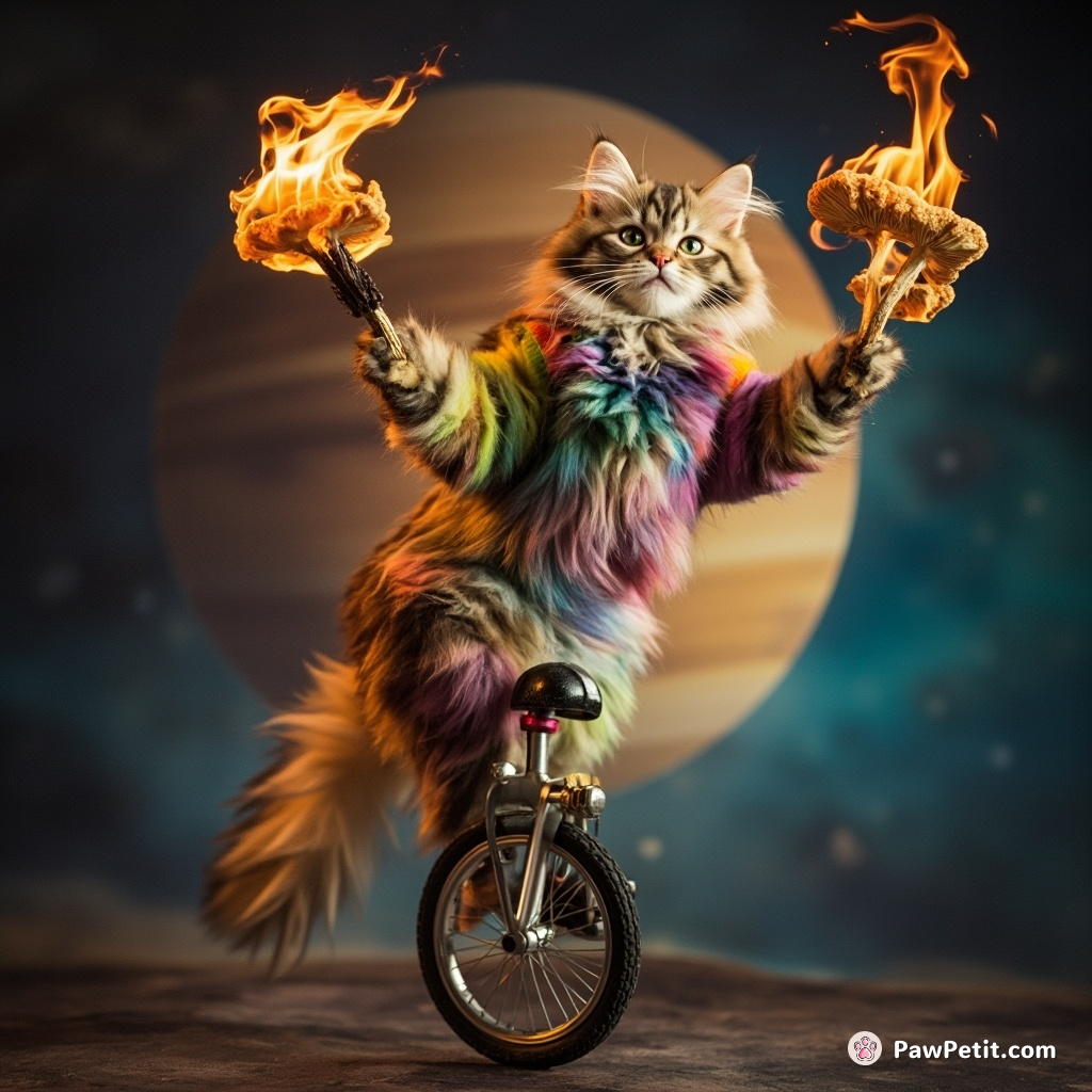 A rainbow-colored cat balancing on a unicycle while juggling fire mushrooms on Pluto.