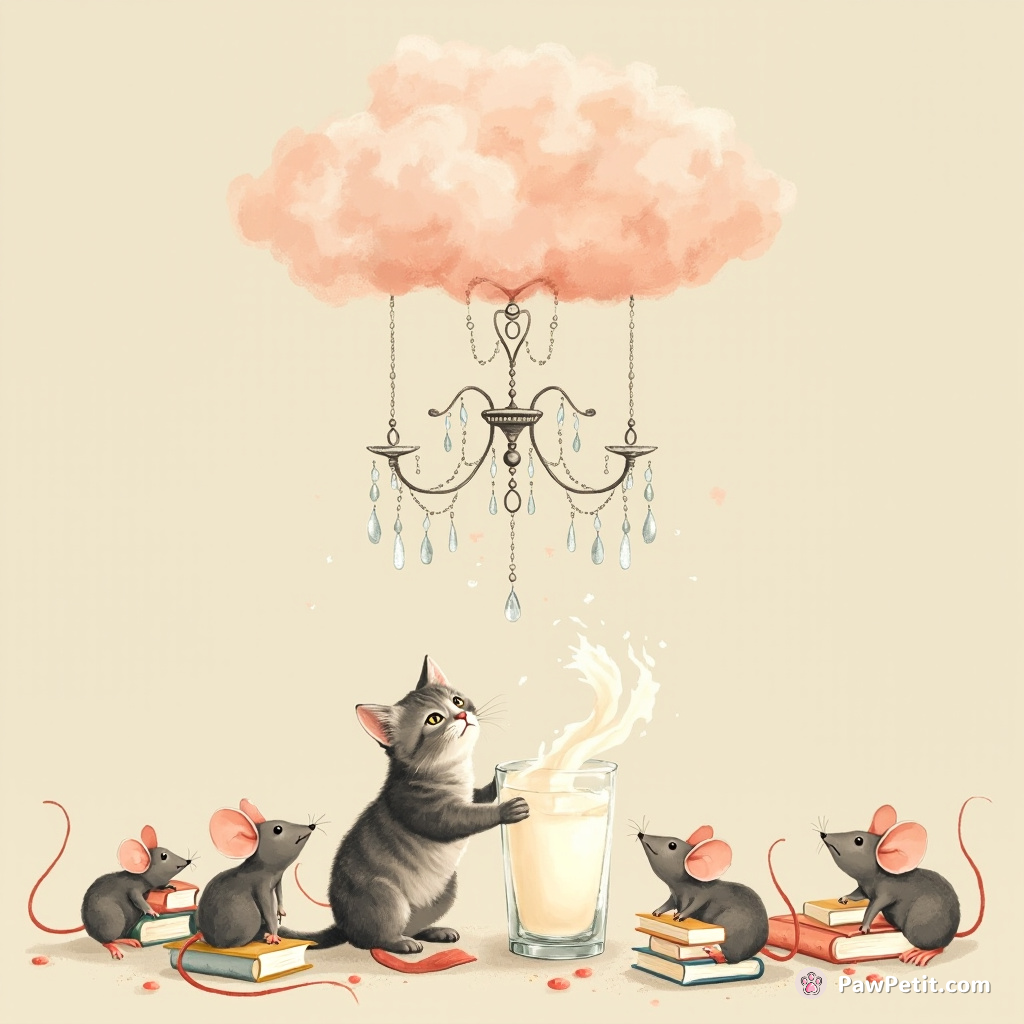 A cat, swirling a glass of milk surrounded by bookish mice under a crystal chandelier hanging from cotton candy cloud.