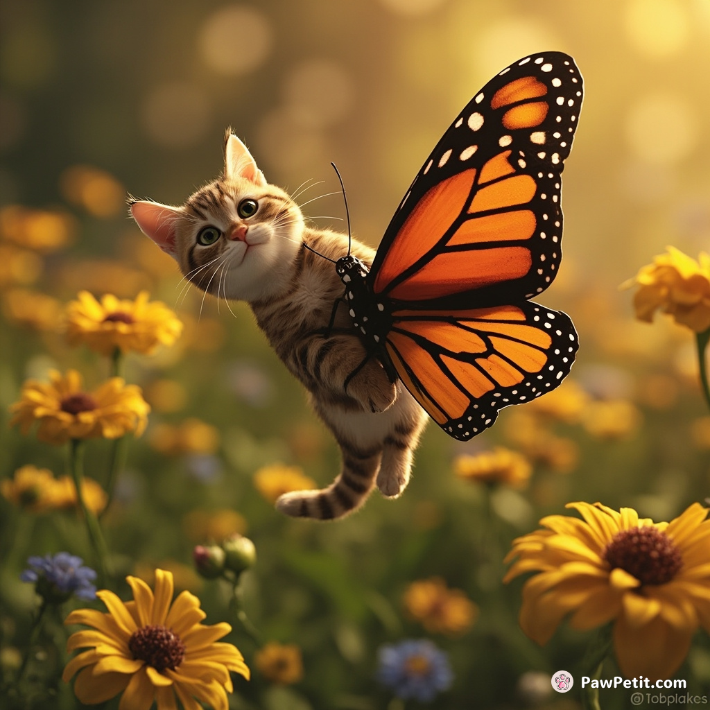 Cat riding on a migrating monarch butterfly, sailing through a forest of lightbulb flowers.