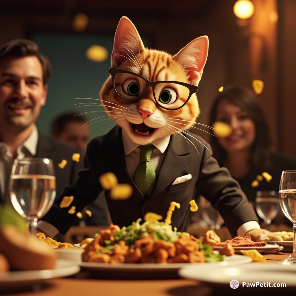 Quick-fix feline in suit, cleared buffet table with lickety-split grace, causing cocktail party catastrophe. Whiskers or Mr. Purrington?
