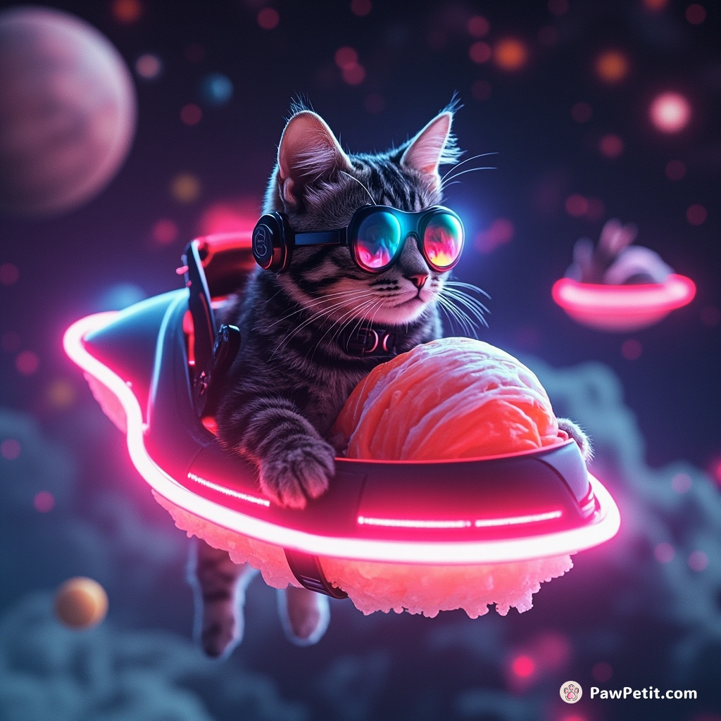 Cybernetic cat piloting a flying, neon-lit sushi in psychedelic space.