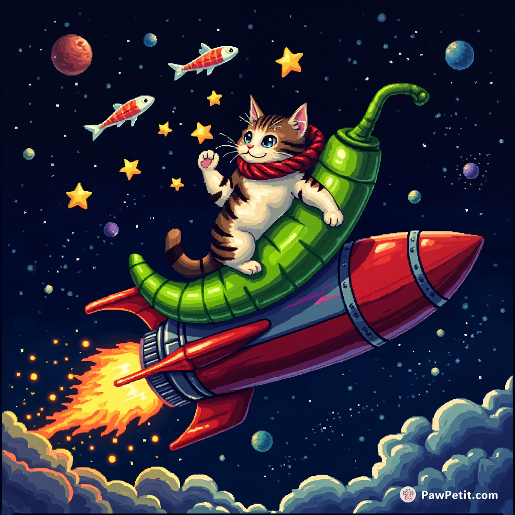 Cat riding a bright green jalapeno pepper rocket in space, tossing fish-shaped stars into the cosmic void with its paw.
