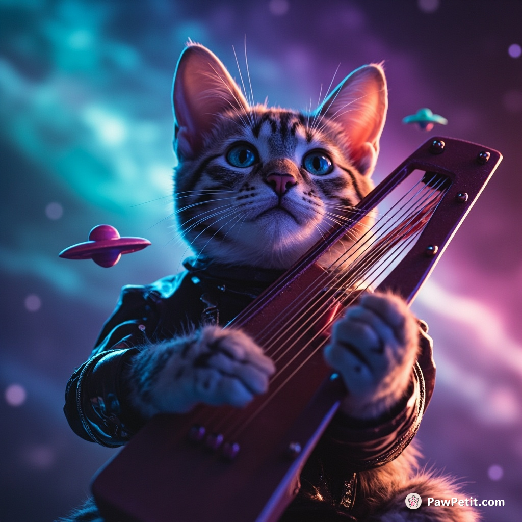A cyborg cat playing a cosmic harp under neon auroras with miniature UFOs orbiting its whiskers.