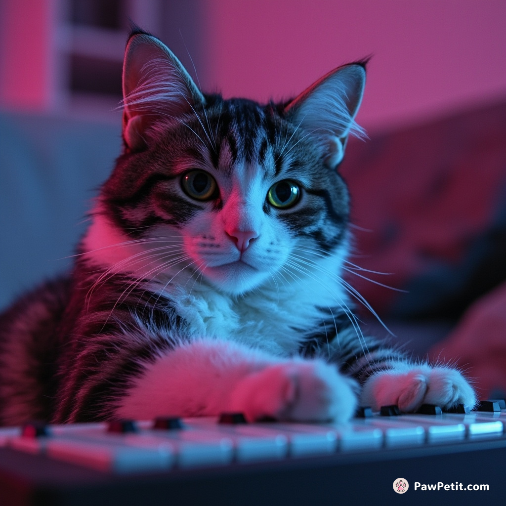 The cat types on the keyboard with exaggerated focus, pawing at the keys with intense dedication.