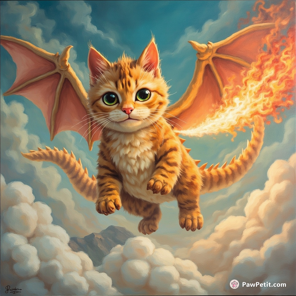 A dragon-cat soaring over marshmallow mountains, breathing out cotton-candy fire.