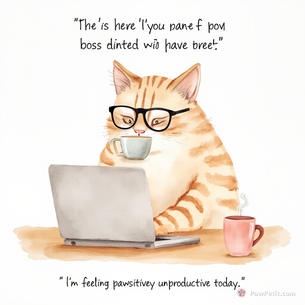 Whiskers dons glasses, sips coffee, types on laptop, sending "meow" to boss: "I'm feeling pawsitively unproductive today.