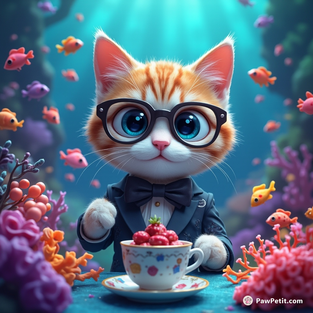 Cat hosting a formal tea party underwater for neon colored tropical fish.