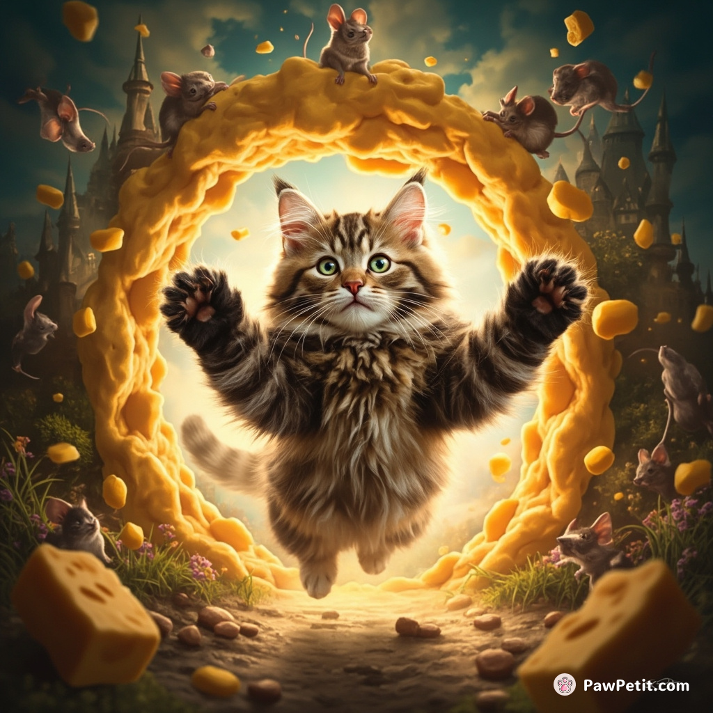 Paws up, the cat leaps through a portal to a land of mischievous mice and flying cheese.