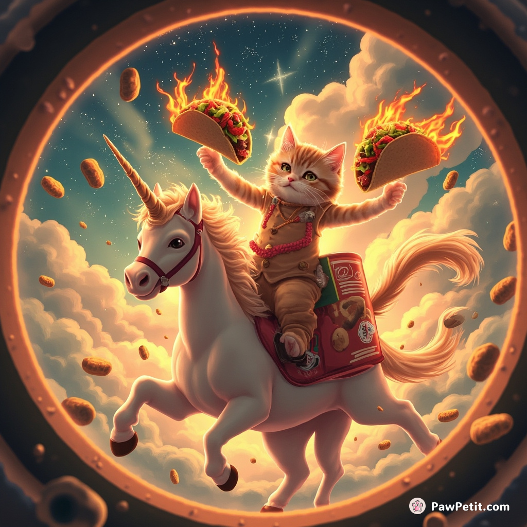 Cat juggling flaming hot tacos while riding a unicorn through a giant can of tuna in the lens of a celestial binocular.