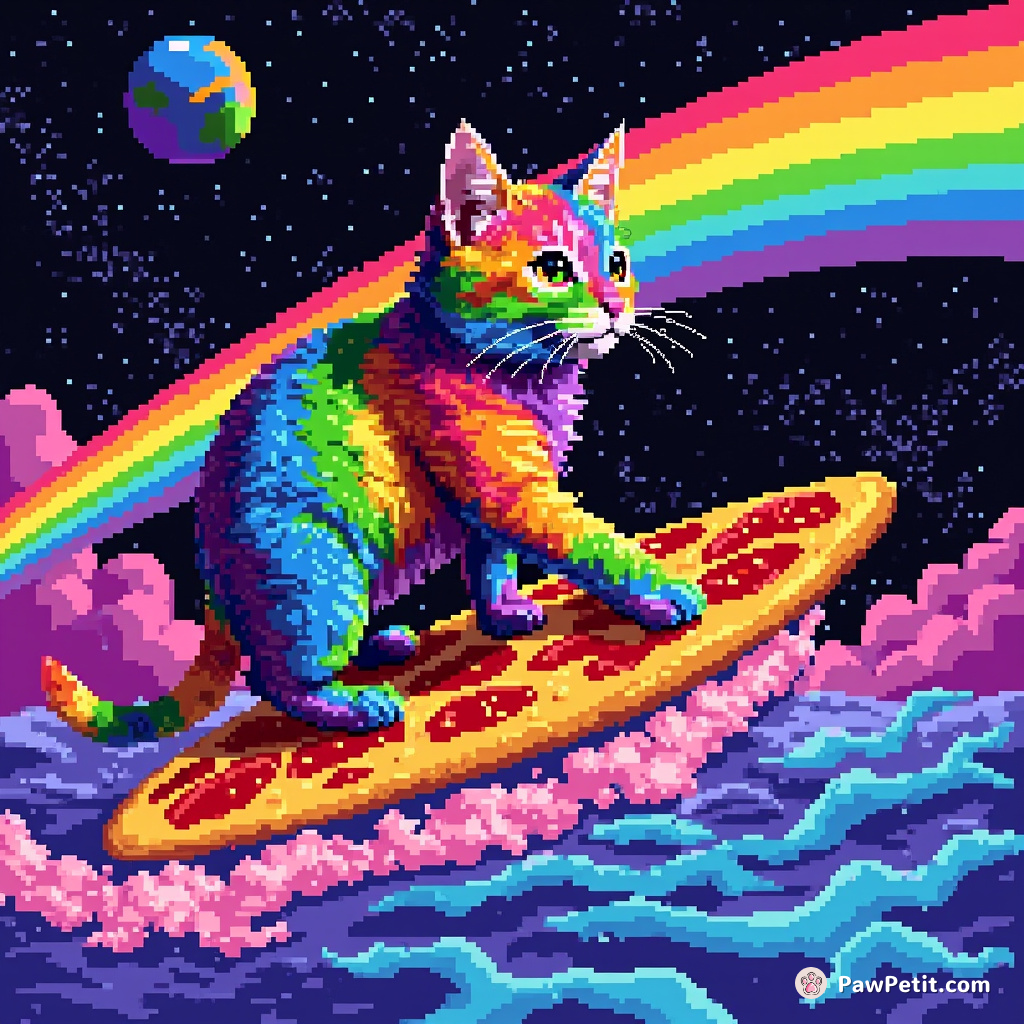 A rainbow-colored cat surfing on a slice of pizza across a galaxy vibrant with neon cosmic waves.
