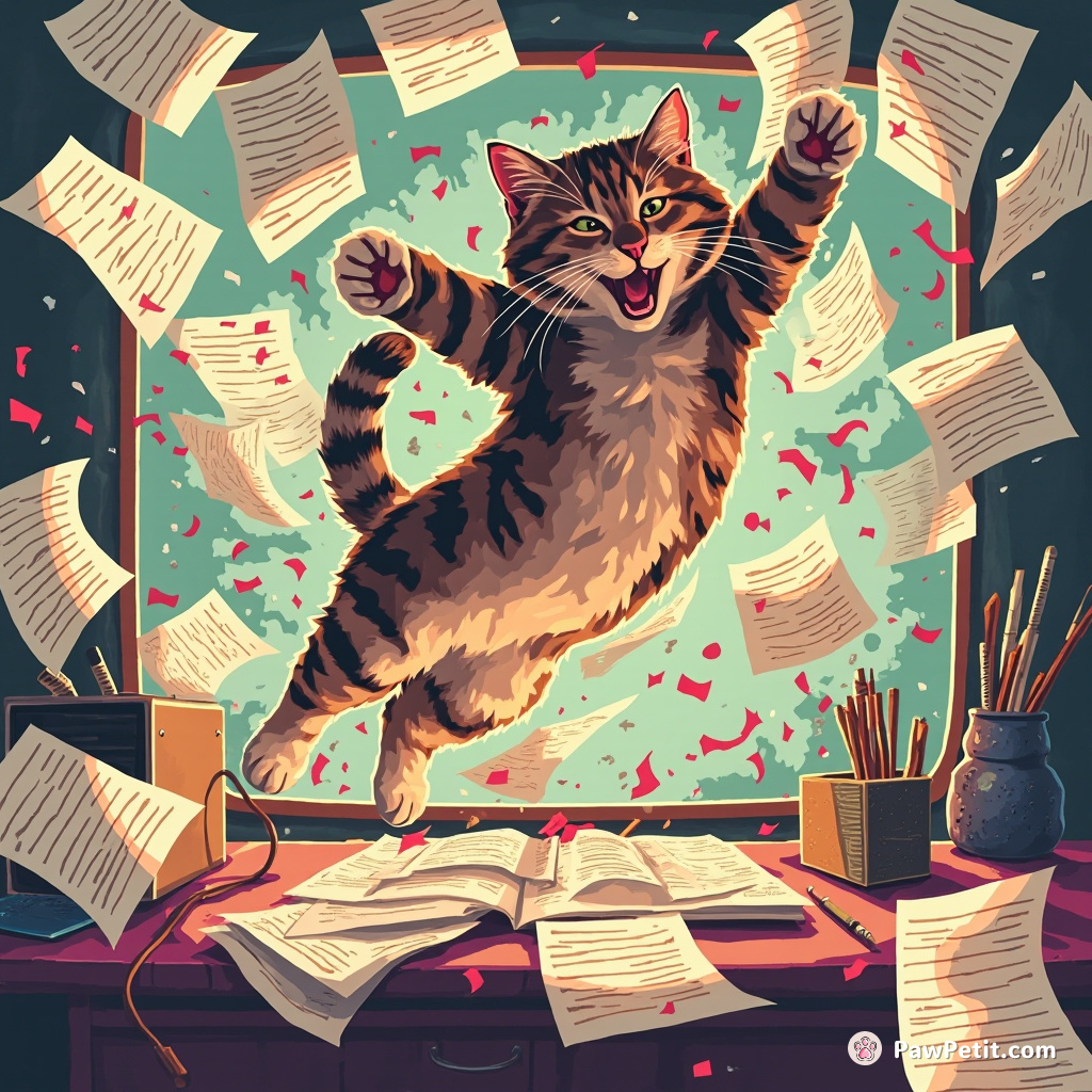 Cat suddenly leaps onto video call, causing sheets of paperwork to fly, amidst amused laughter and playful banter.