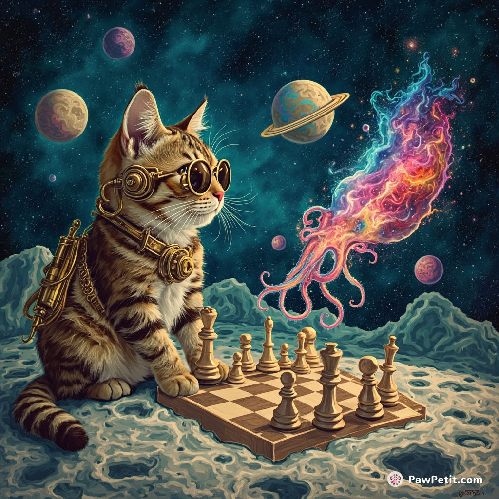 Steampunk cat playing cosmic chess with a multicolored nebula squid on the moon's surface.
