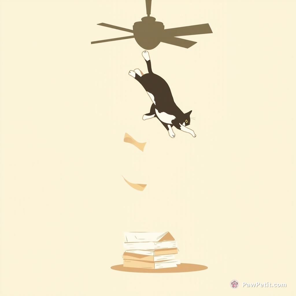 A cat leaps into a spinning ceiling fan, claws flailing, then plummets onto a stack of papers.