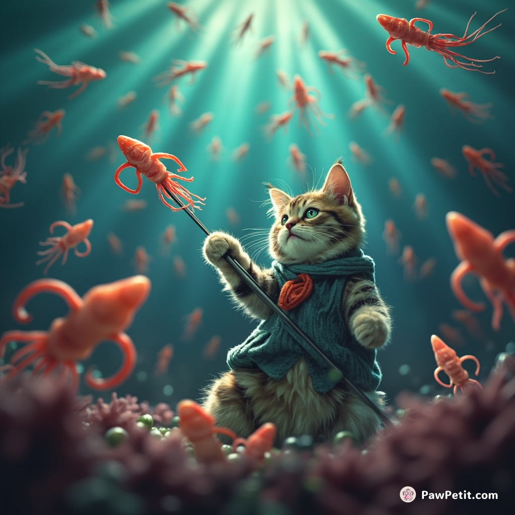 A cat conducting an orchestra of squids in an underwater concert.