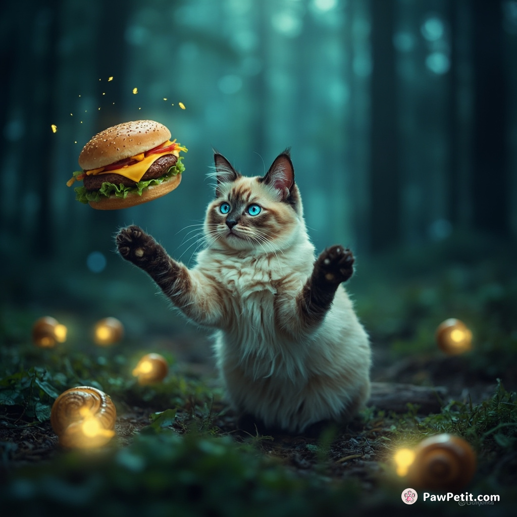 A spell-casting cat levitating a cheeseburger in a mystic forest, lit by bioluminescent snails.