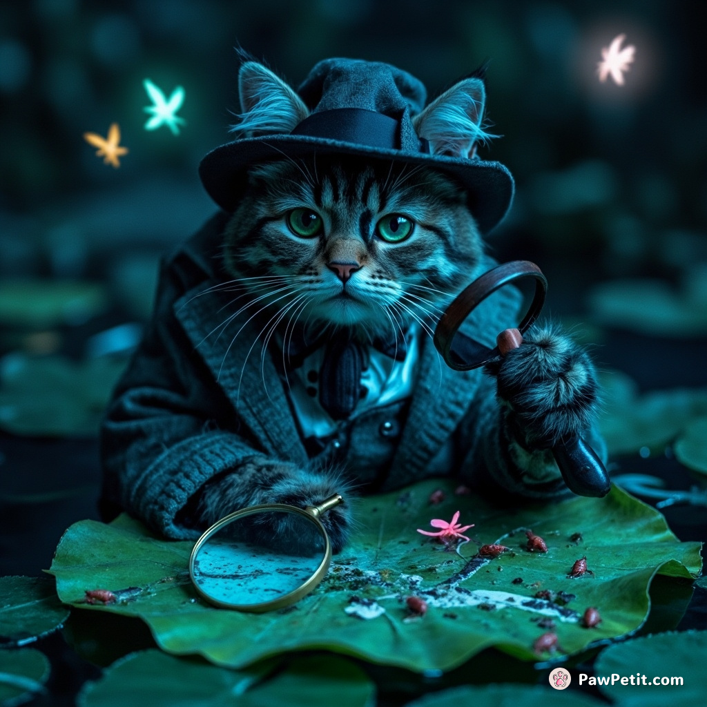 A feline detective in victorian clothes analyzing a crime scene on a floating lily pad with magnifying glass and pipe, surrounded by bioluminescent insects.