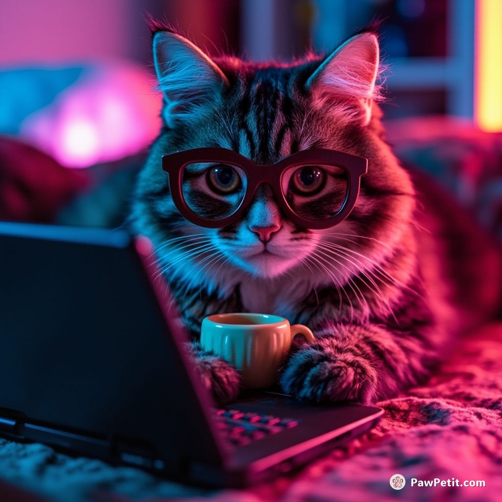A cat dons tiny spectacles, sips imaginary tea, and types on a toy laptop, aspiring to be a writer.